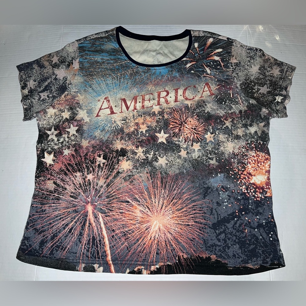 America Graphic Short Sleeve Tee - Patriotic Fireworks Print.